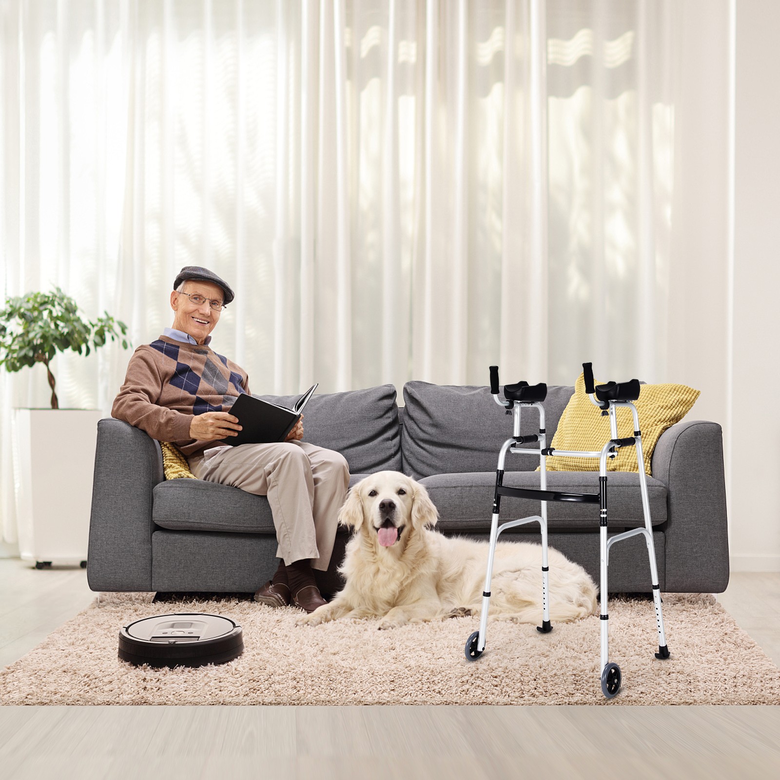 Folding Aluminum Alloy Wheel Walking Frame Adjustable Walker W/Armrest Support