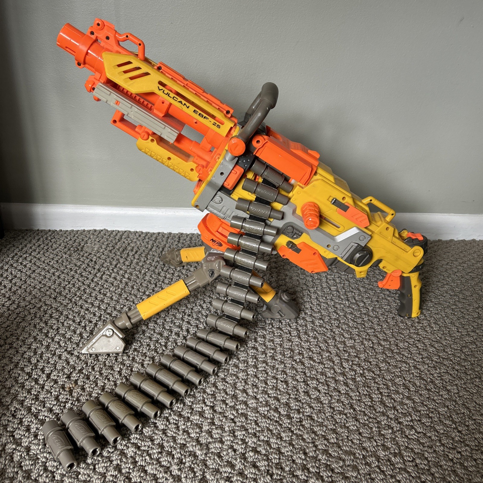NERF Vulcan EBF-25 Dart Blaster W/ Ammo Belt & Tripod WORKS GREAT 2008 Hasbro