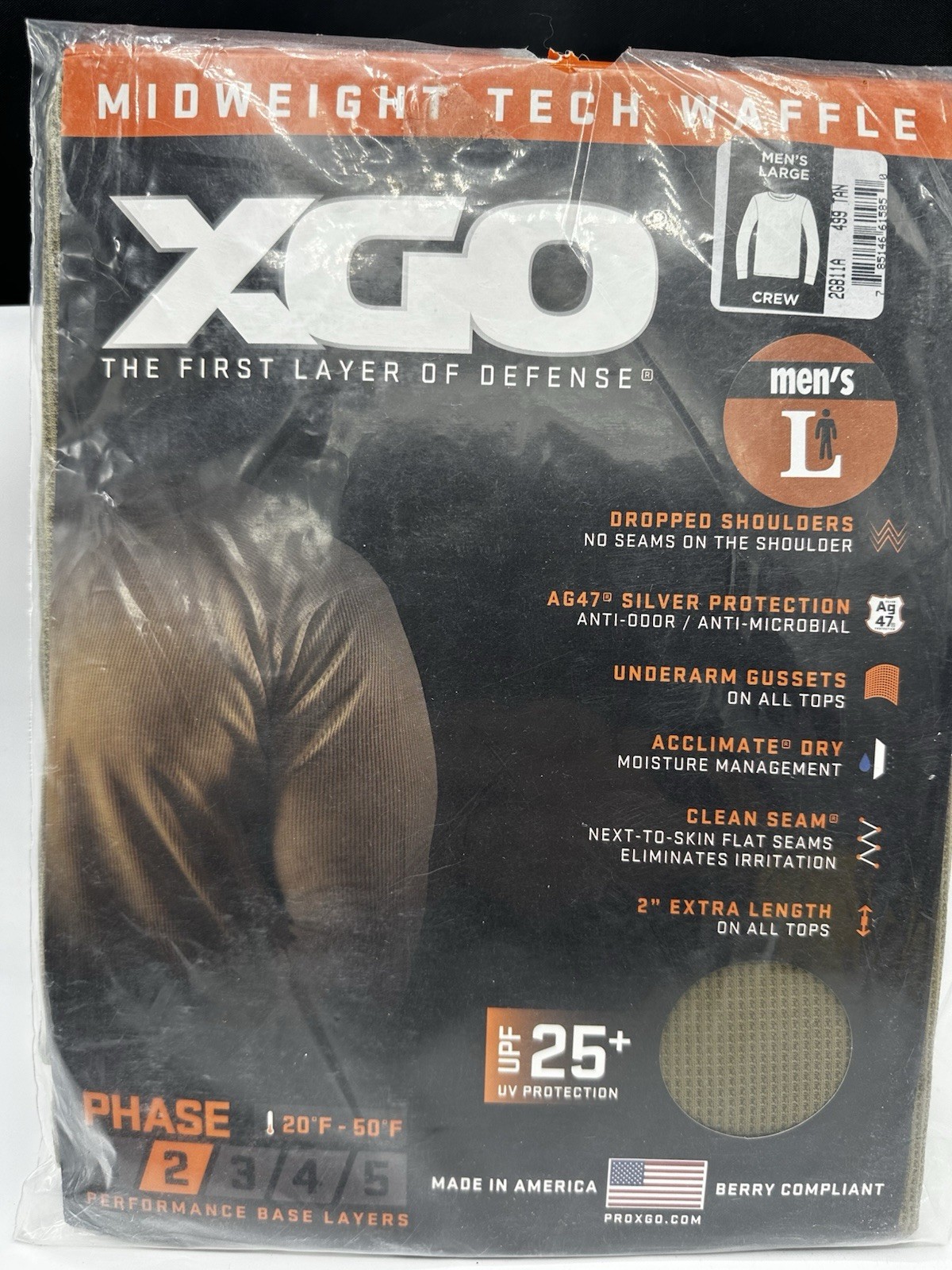 XGO Midweight Tech Waffle 499 Tan PHASE 2 UPF 25+ Longsleeve Crew Shirt Large