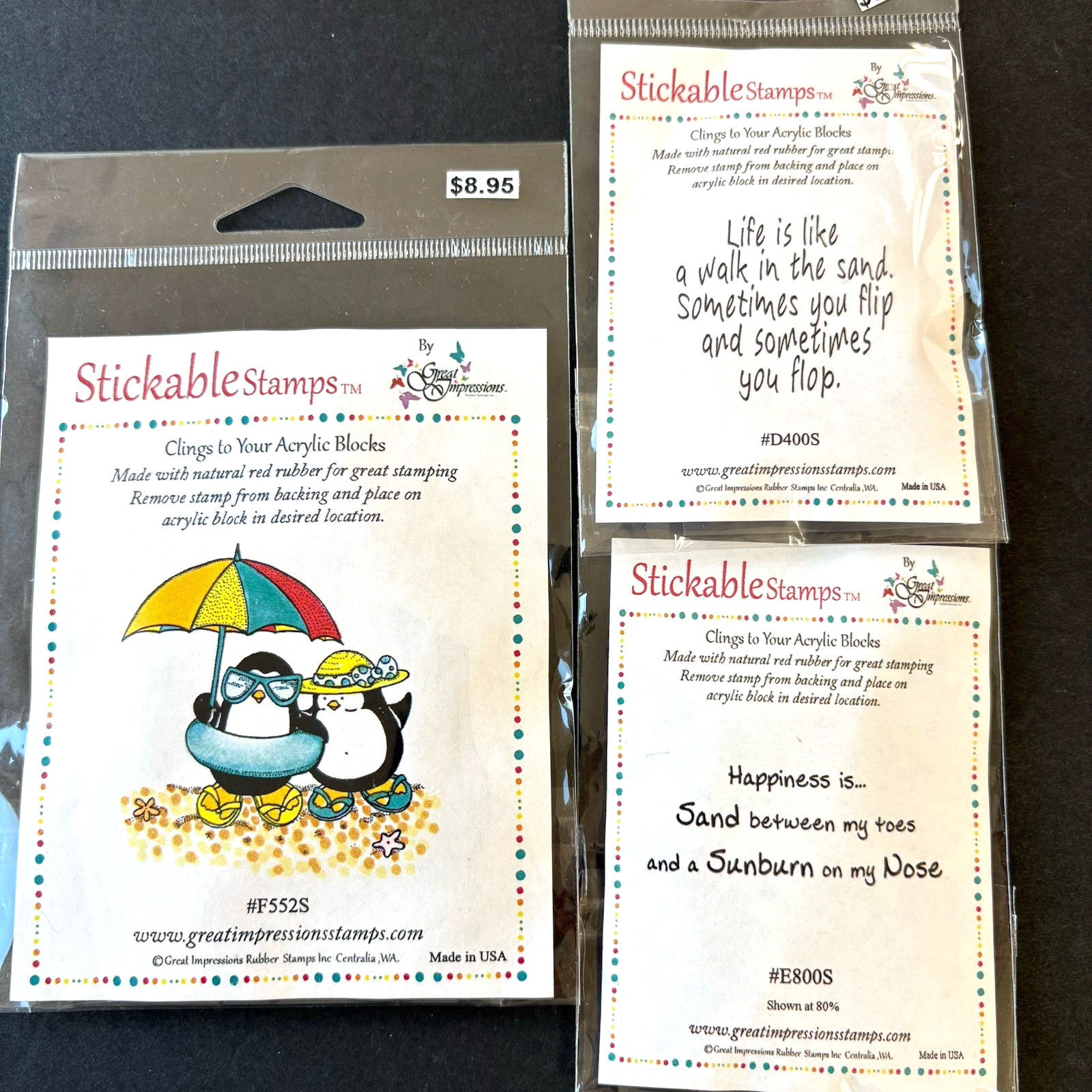 Great Impressions Beach Penguins LOT of 3 Unmounted New Cling Rubber Stamps