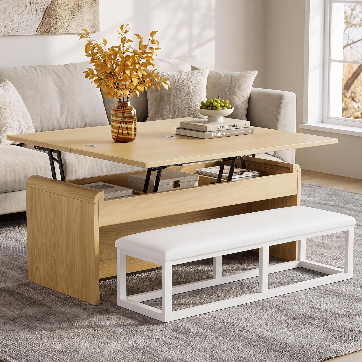 Dual Lift Top Coffee Table Set with Bench, 40 Inches, Natural | 4 in 1 Convert G
