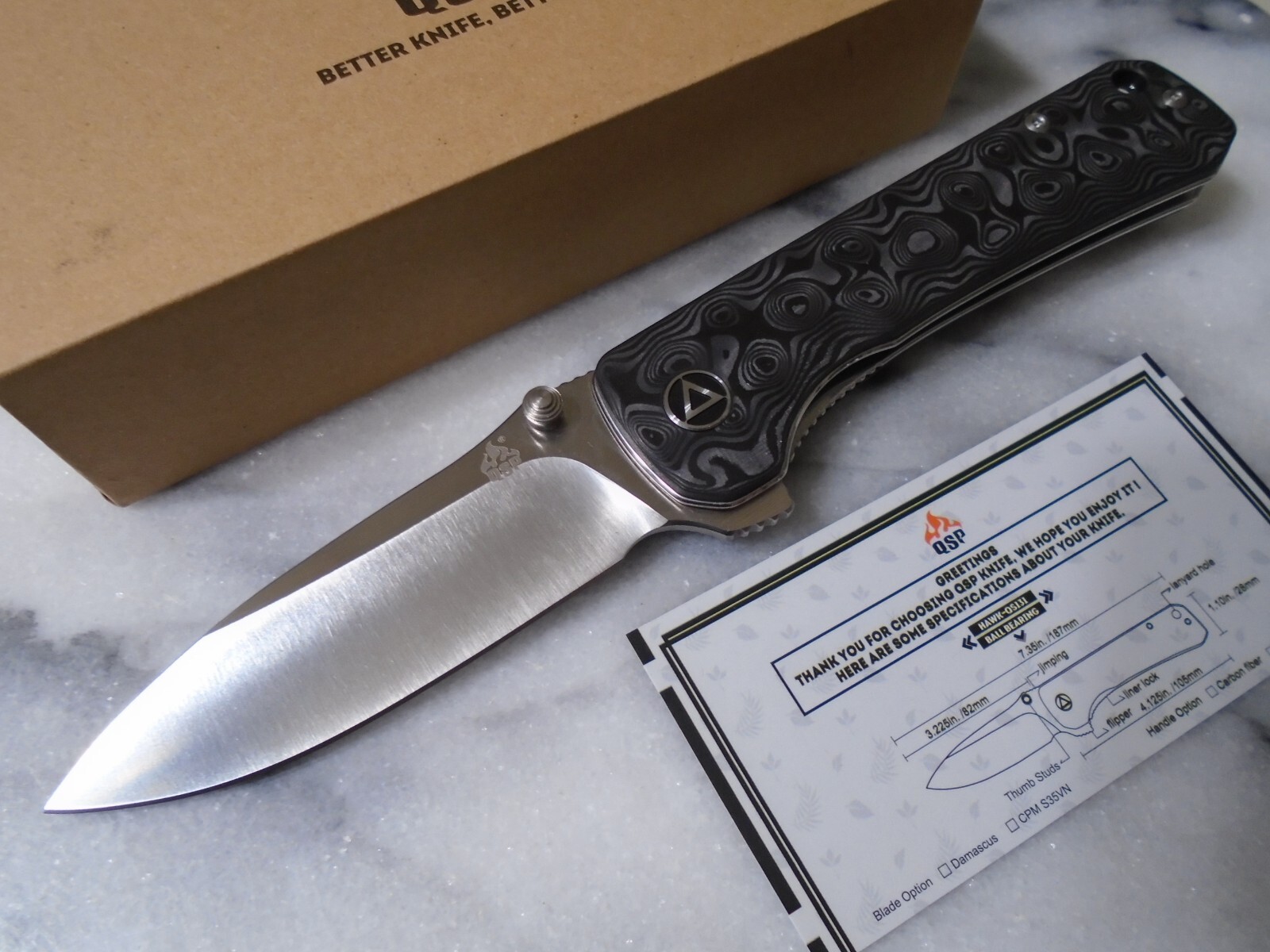QSP HAWK Ball Bearing Pivot Pocket Knife Carbon Fiber CPM-S35VN QS131-C 7.30" OA