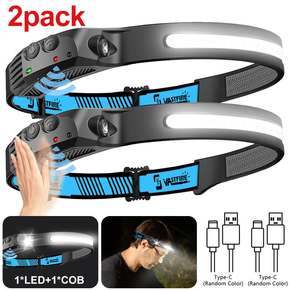 2 Pack Motion Sensor COB LED Headlamp USB Rechargeable Work Head Light
