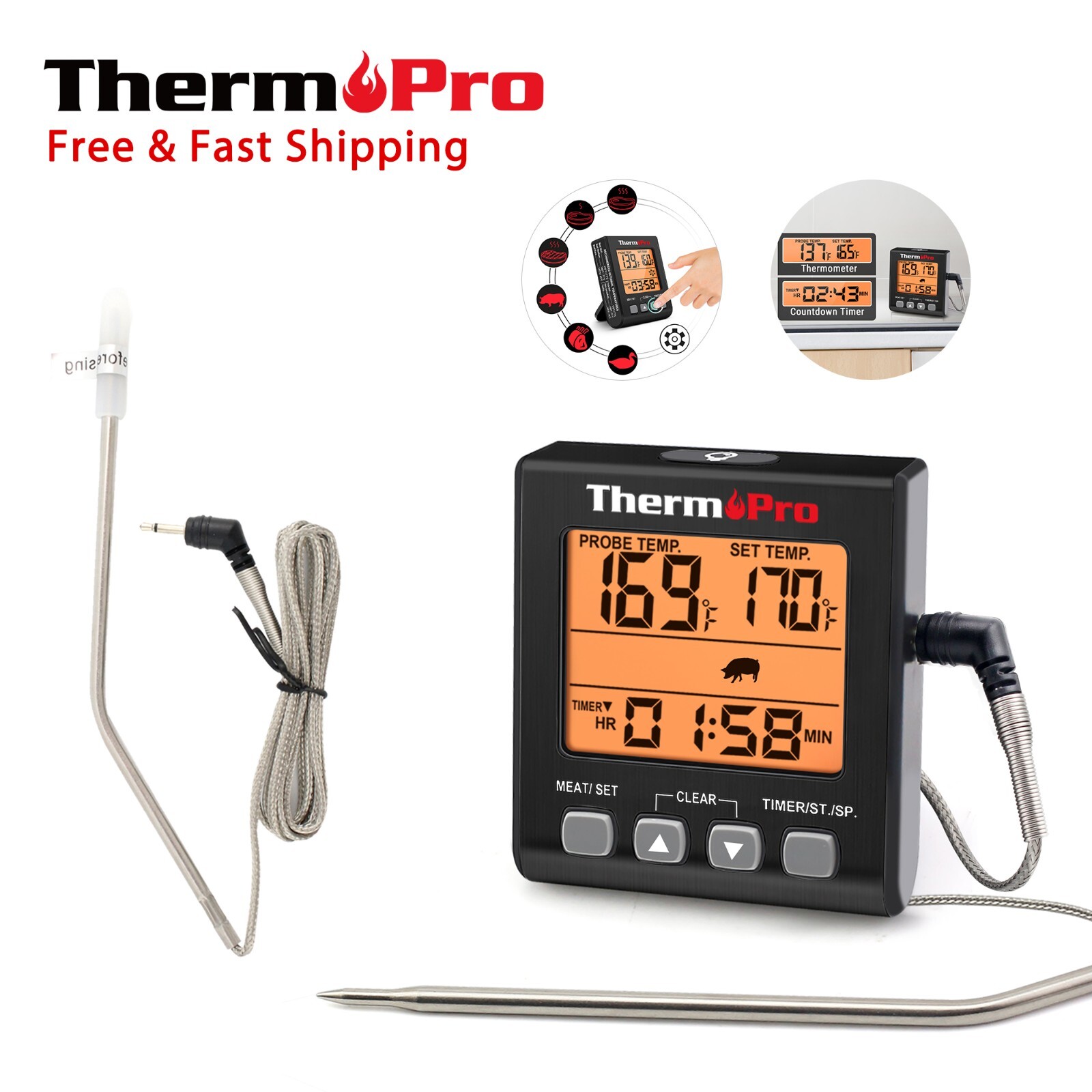 TempPro TP16S Digital Meat Thermometer Probe Backlit LCD USDA Preset Grill BBQ