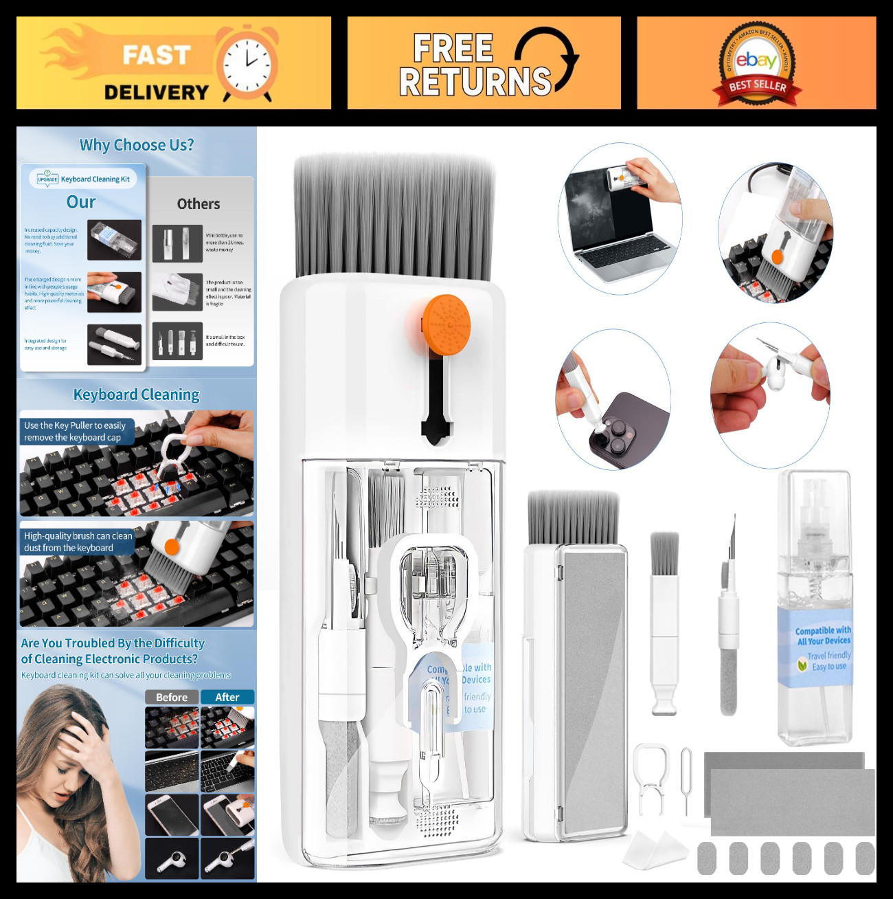 Multi-Function Keyboard Cleaner Kit for Laptops, PCs & Screens | Spray, Wipe, Br