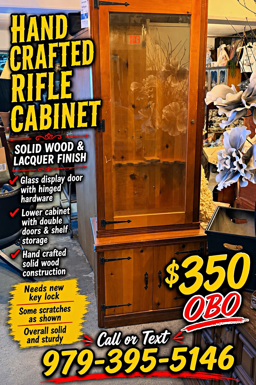 Solid Wood Rifle Cabinet, Glass Display Door, Locking, Holds 8, Brown