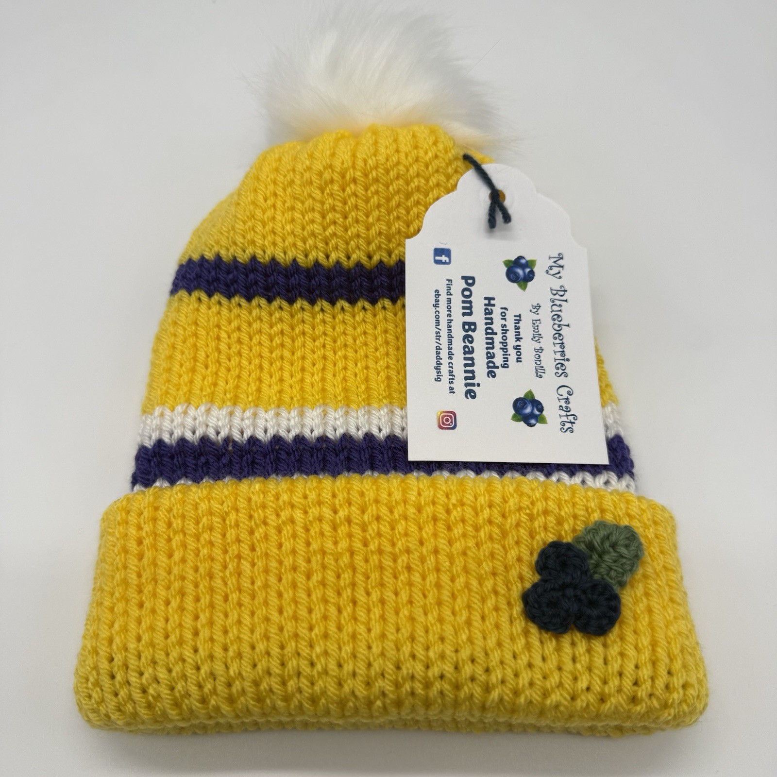 New My Blueberries Crafts Yellow Purple n White Adult Knitted Pom Winter Hat