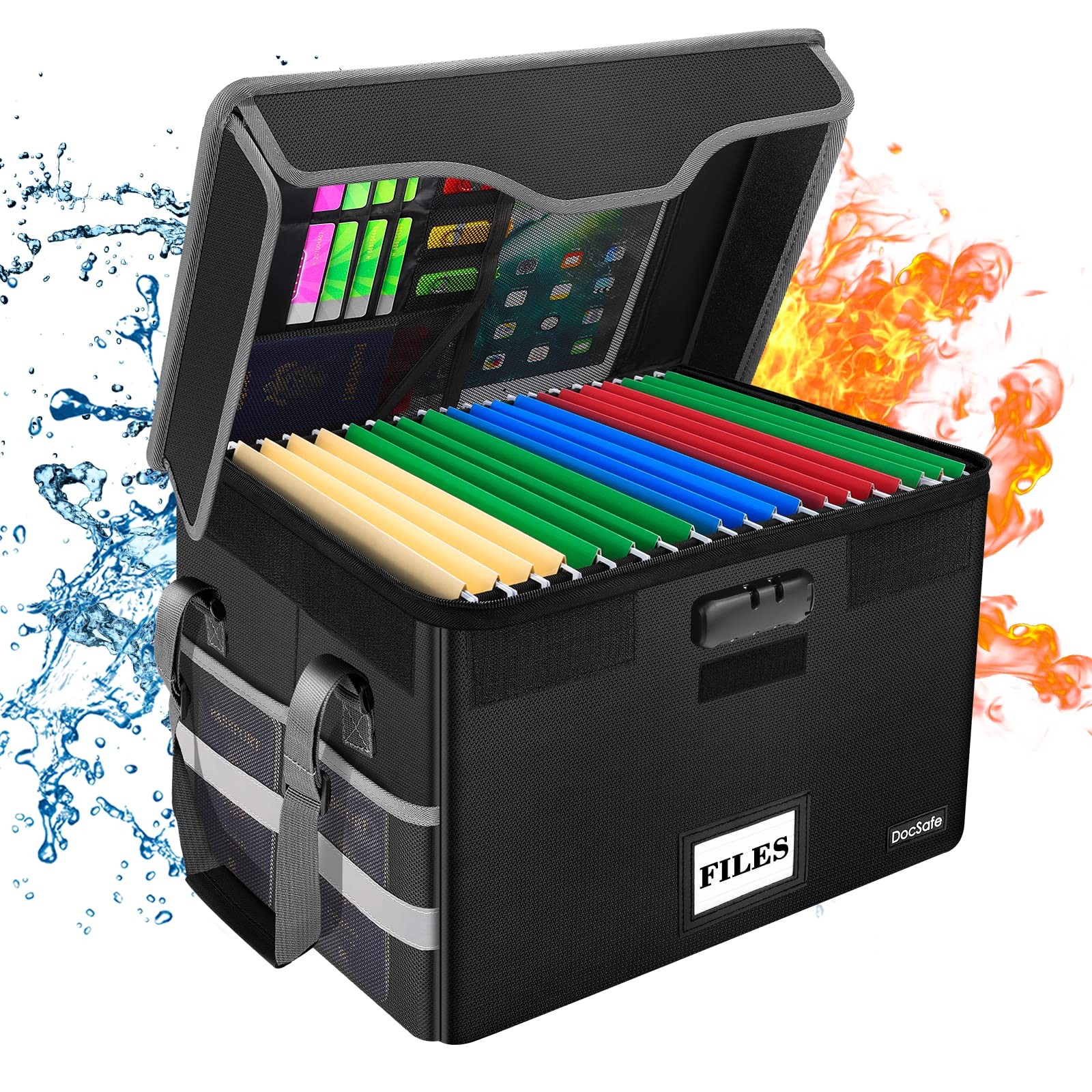 Fireproof Document Box with Lock, File Storage Organizer with Mesh Pockets, C...