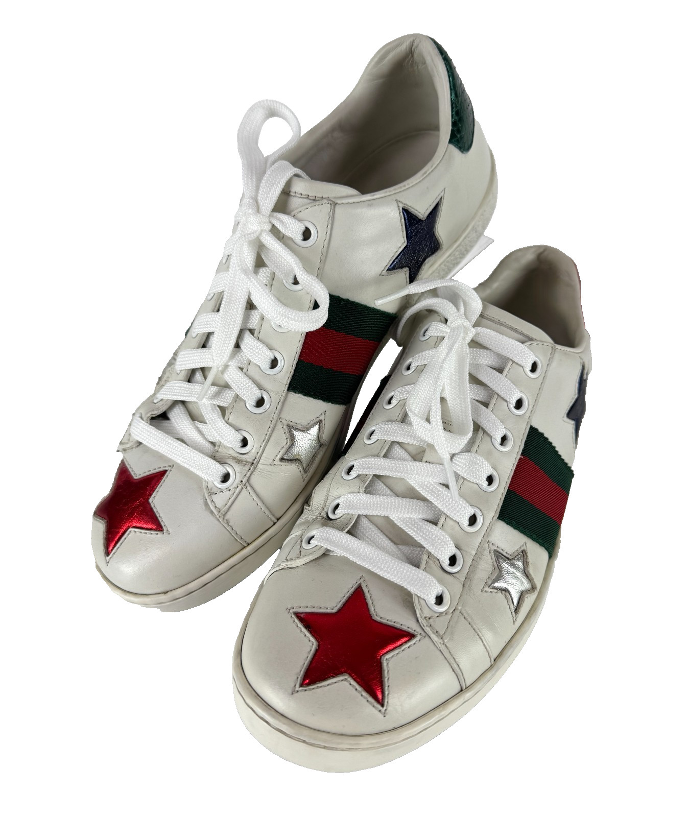Gucci Women Auth White Leather Web Ace Stars Sneakers 7 US 37 EU Shoes Box
