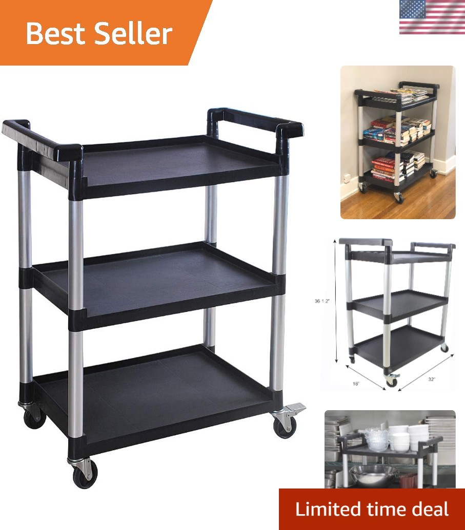 Black 3-Shelf Plastic Utility Cart on Wheels - Maximum 225 lbs Load Capacity