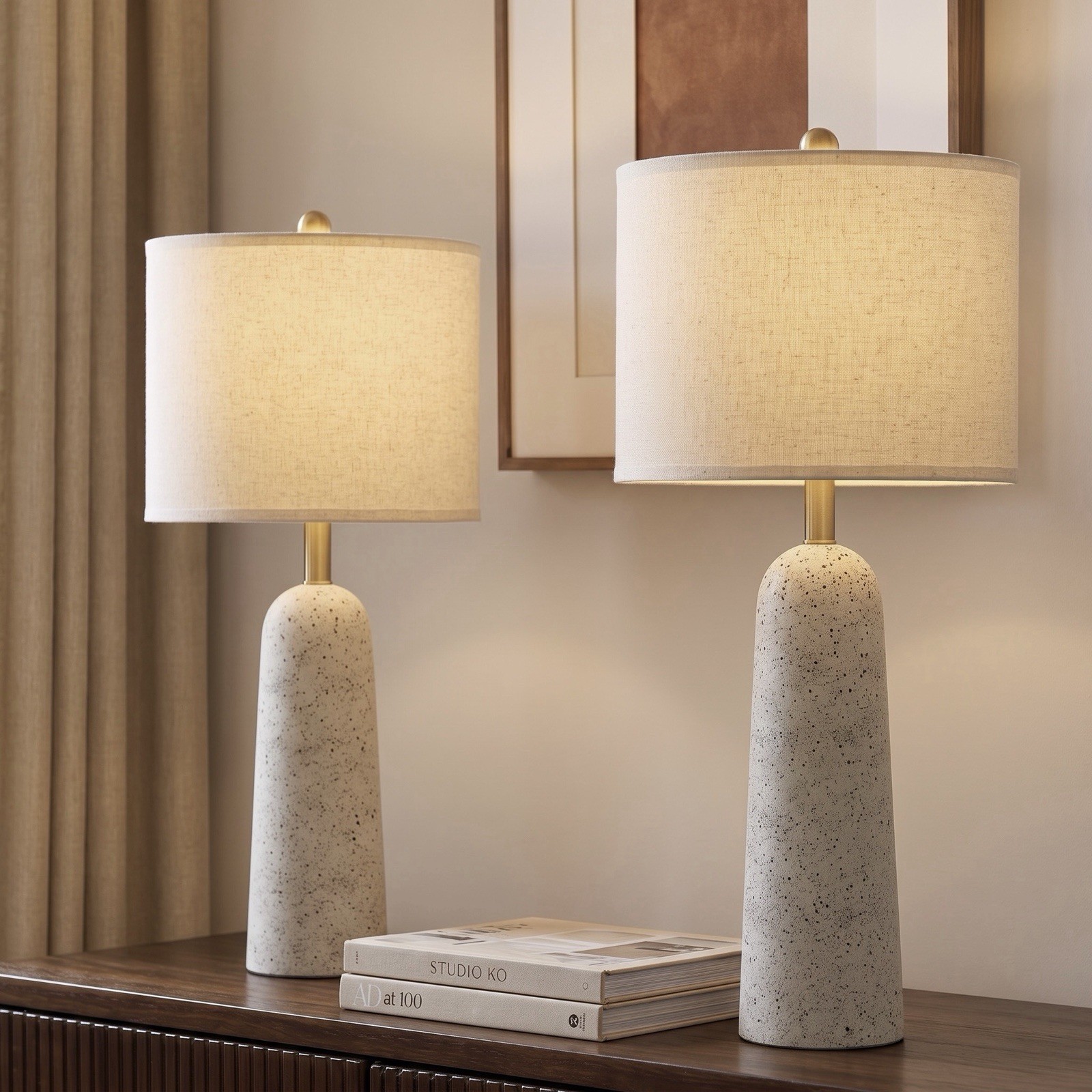 NEW Anthropologie Set of 2 White Resin Stone Boho Table Lamps Linen Lighting 27"