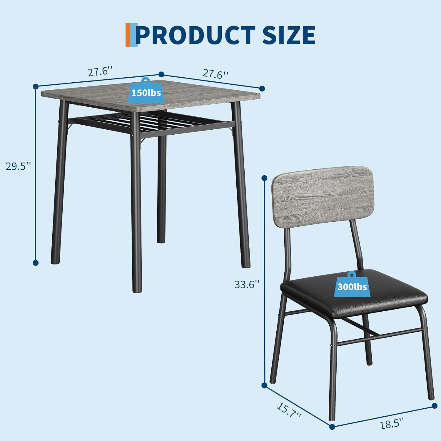 Dining Table Set for 2 with Storage Rack, Gray | 3-Piece Small Kitchen Table and