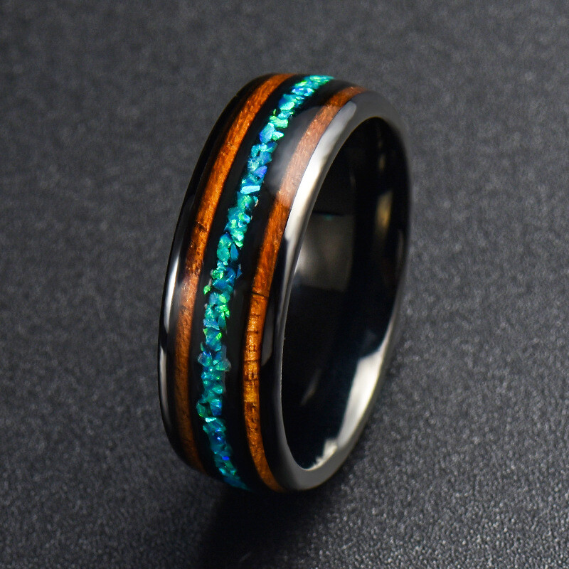 8MM Opal & Wood Inlay Tungsten Carbide Wedding Band Ring Fashion Jewelry Ring