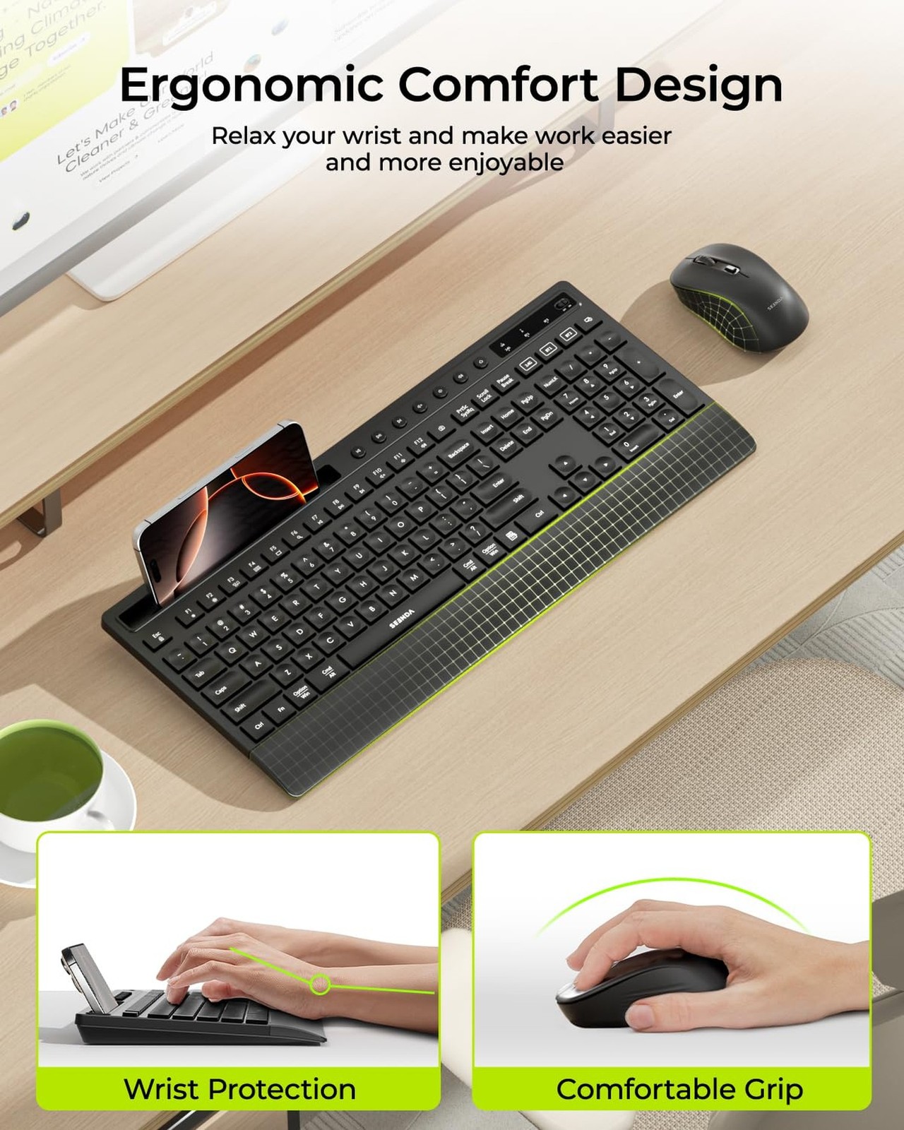 seenda Bluetooth Keyboard and Mouse Combo, Multi-Device Ergonomic Keyboard Mo...