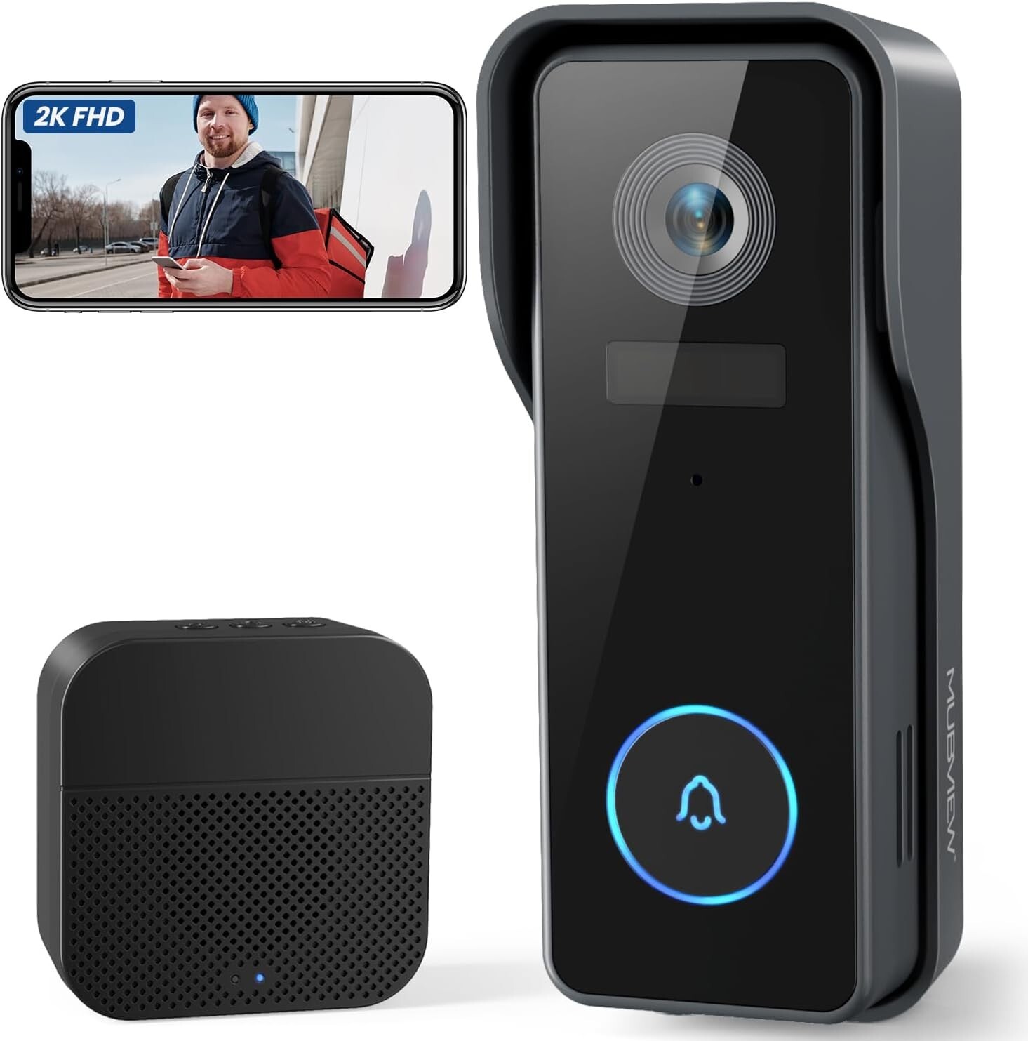 MUBVIEW Wi-Fi Video Doorbell Video Camera 2-Way Audio Smart 1080p HD Dark Grey