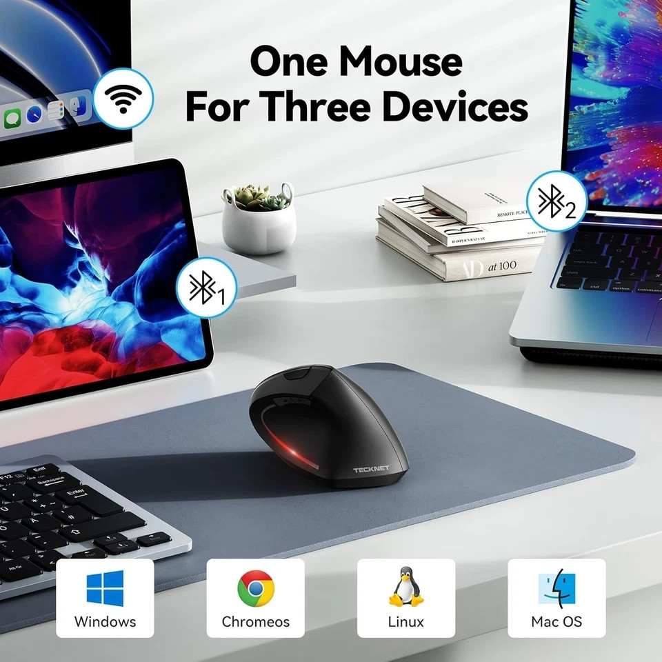 TECKNET Ergonomic, Wireless Bluetooth Vertical Mouse, 4800 DPI Optical Tracking