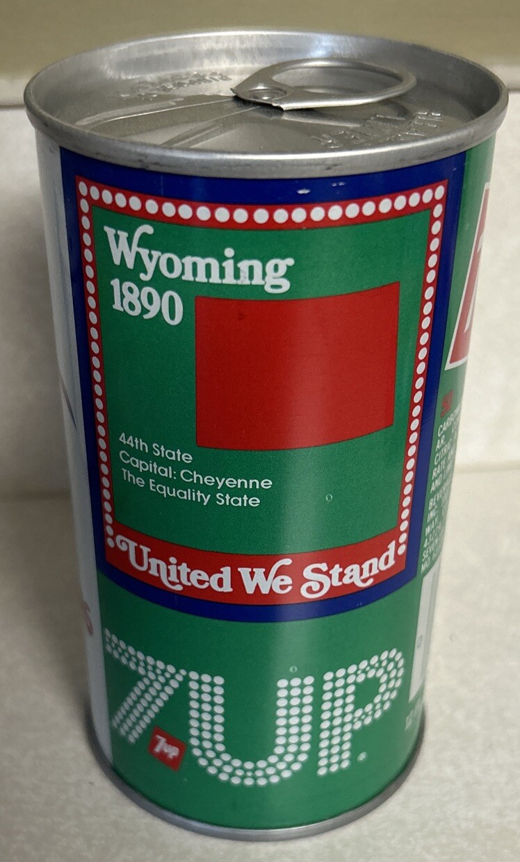 Vtg 7up 12 Oz. 355ml Sealed Pull Tab Steel Soda Can Wyoming 1890 United We Stand