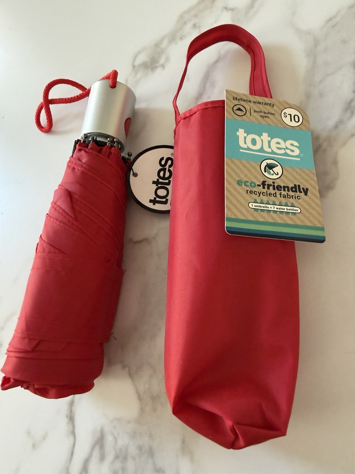 Totes Eco-Friendly Red Compact Folding Umbrella Men Recycled Fabric Push Button