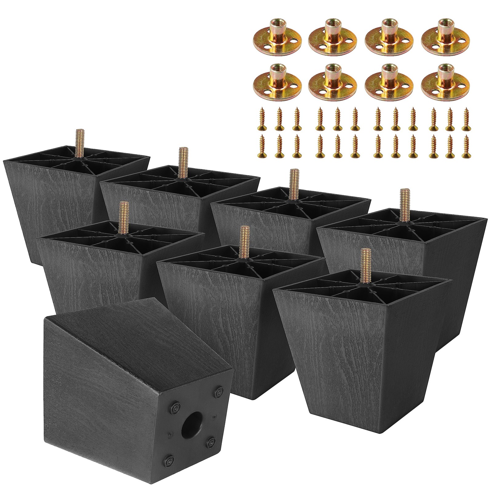Plastic Furniture Legs 4 Inch Black Square M8-1.25 - 100kg Load Capacity