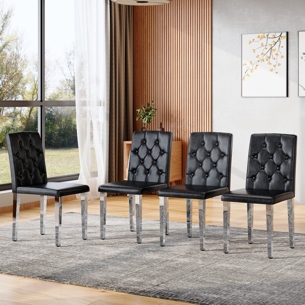 4 Pack Black PU Dining Chairs, Ergonomic Buckle Back w/ Silver Metal Legs, 35"H
