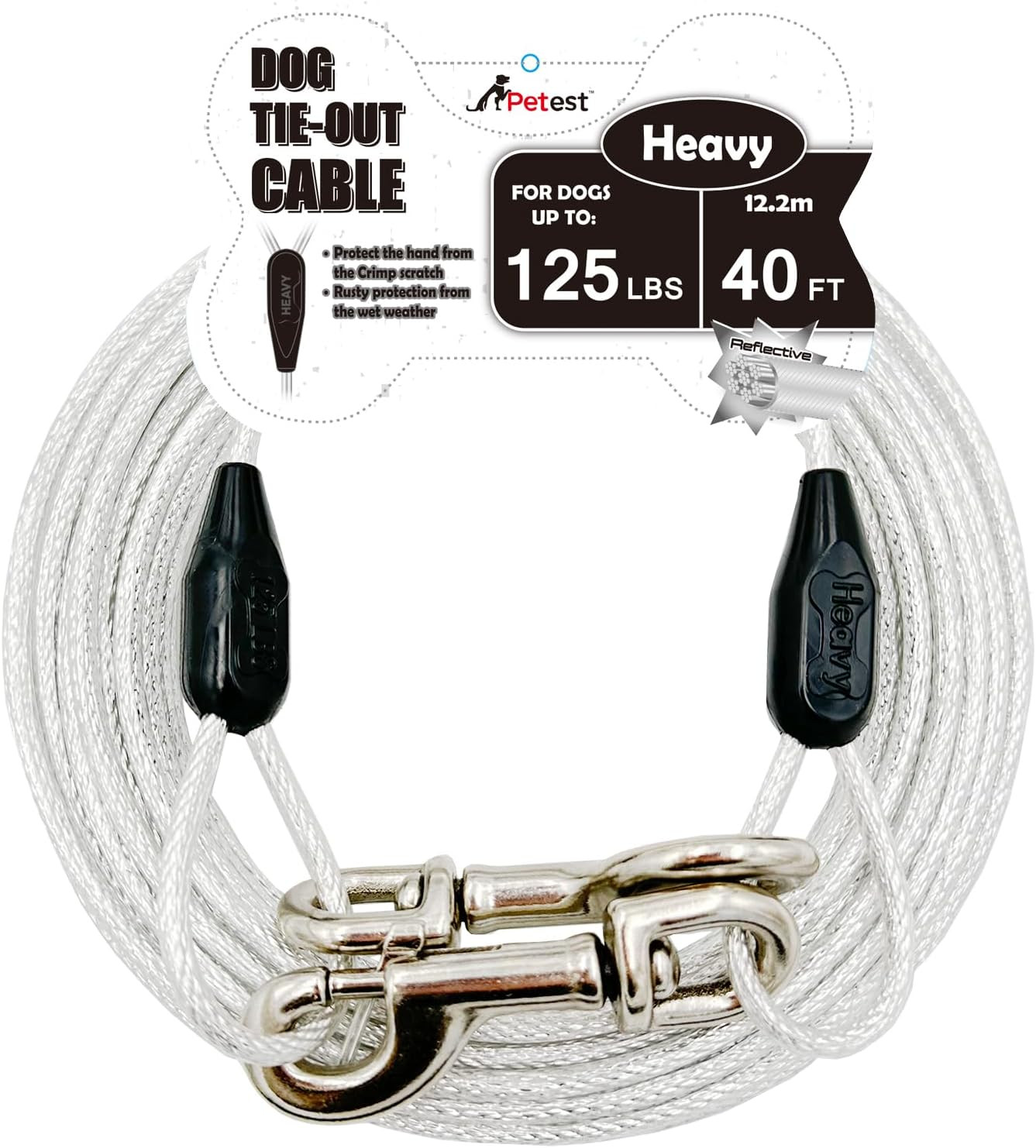 40ft Reflective Tie-Out Cable for Heavy Dogs Up to 125 Pounds