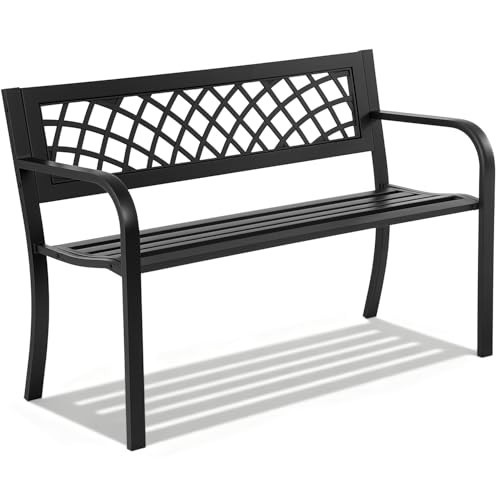 Outdoor Garden Bench - Iron Steel Frame Patio Seating with Mesh Pattern & Armres