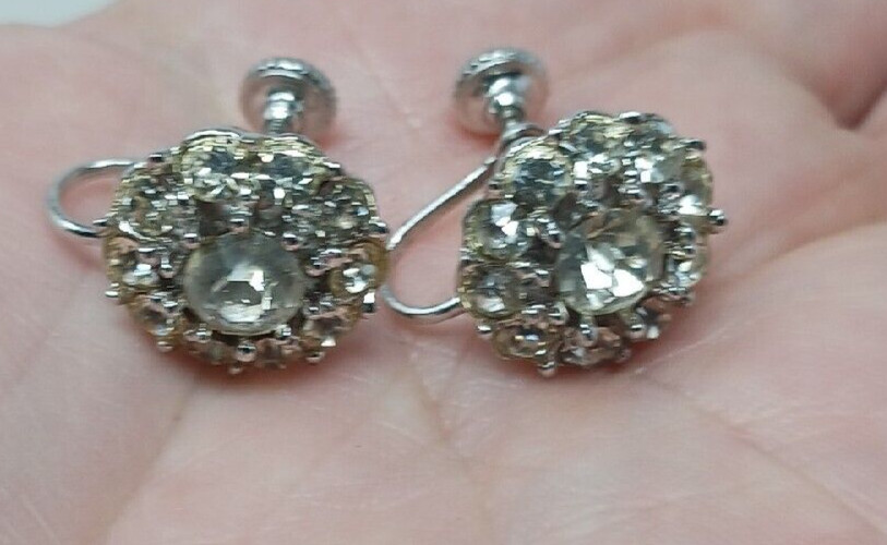 Clear Rhinestone Earrings Vintage Silver Tone Screw Backs #G6