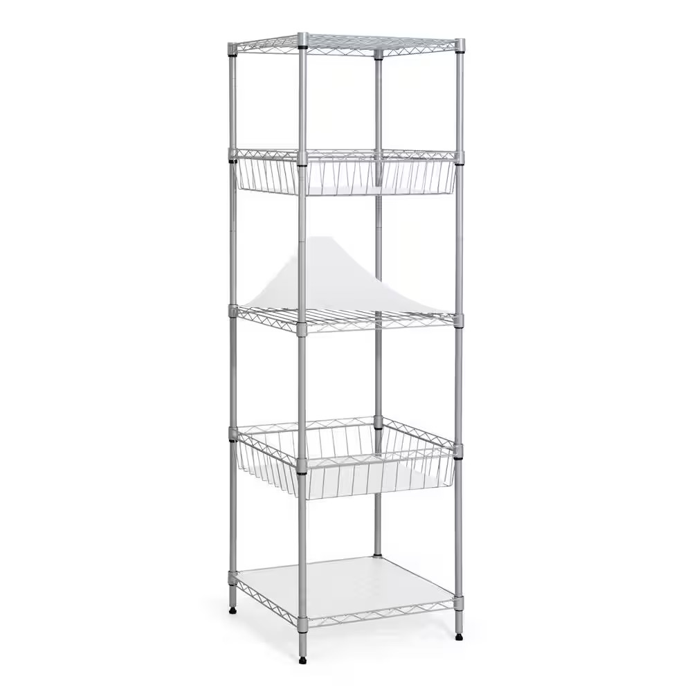 Silver 5-Tier Steel Garage Storage Shelving Unit with Baskets and Liner (18 In.