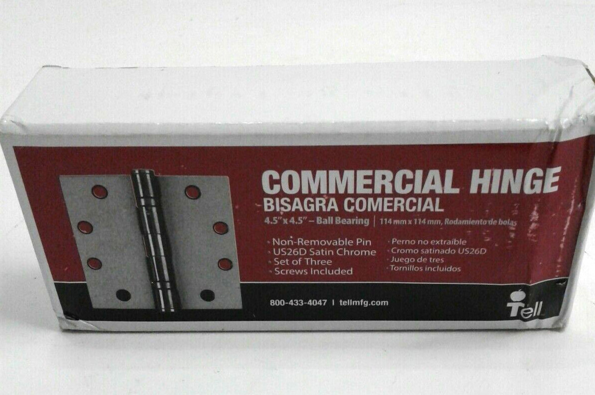 Tell HG100005 Commercial Hinge 4.5"x4.5" Ball Bearing W/Screws Satin Chrome 3 Pk