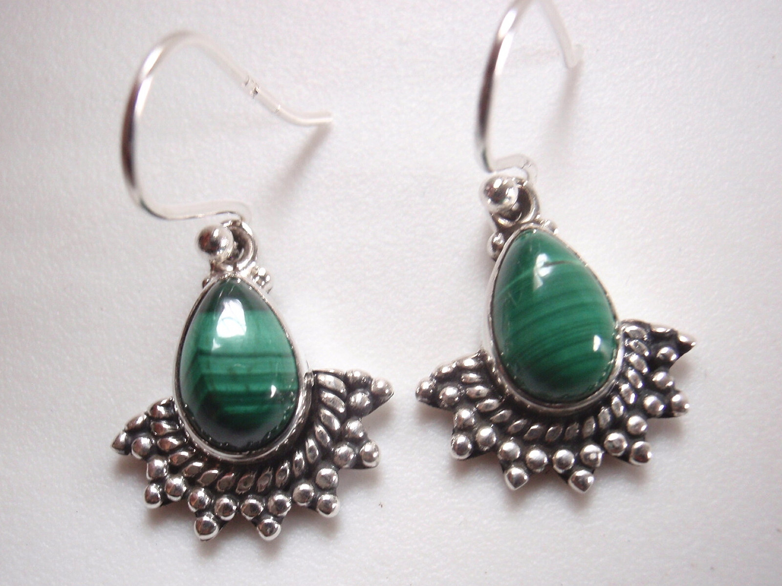 Malachite Rope and Silver Dot Style Accents 925 Sterling Pear Shape Earrings