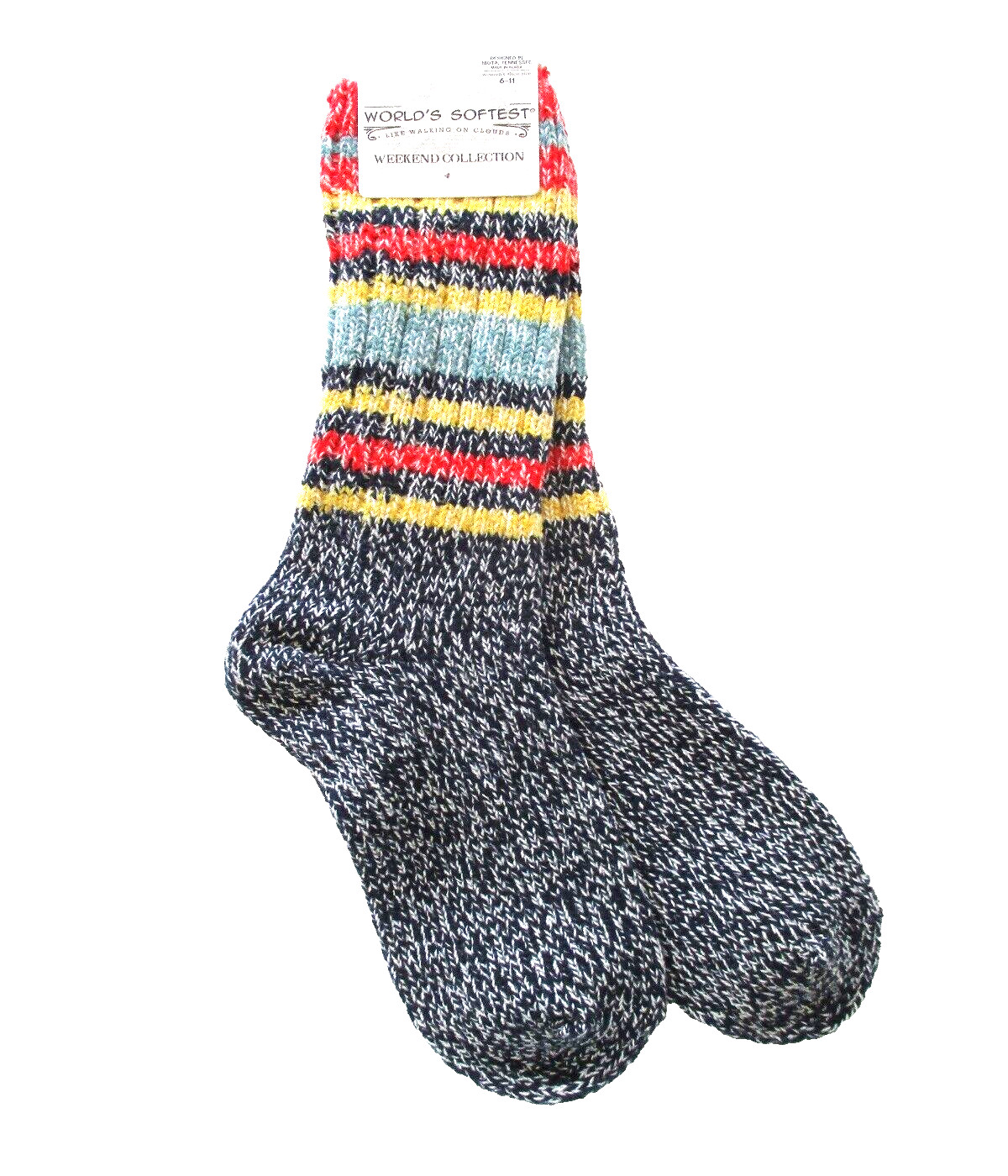 World's Softest Socks - Weekend Collection - Ragg -Indigo Stripe  Crew Lth - NEW