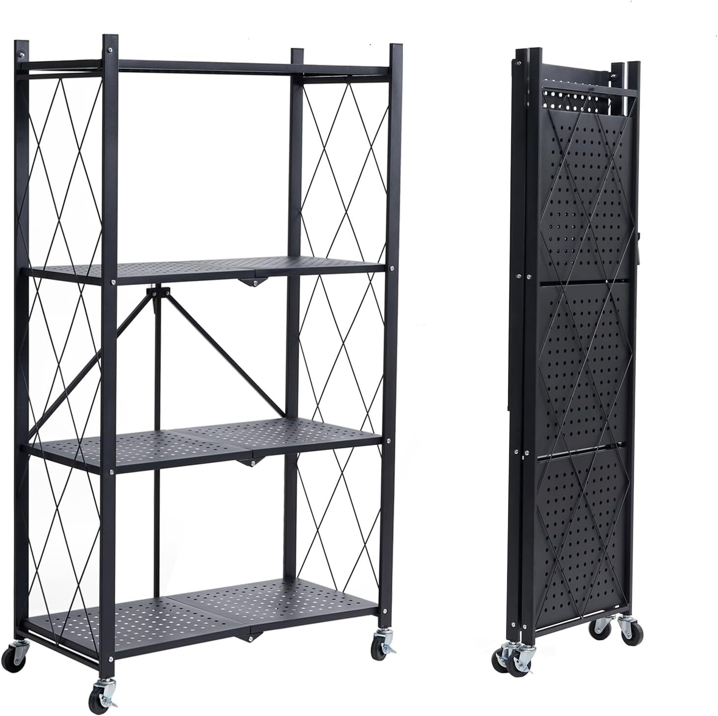 BRIAN & DANY 4-Tier Folding Storage Rack with Wheeled Metal Shelves, Black