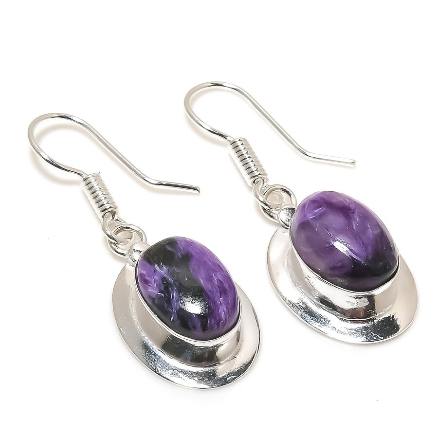 Russian Charoite Gemstone Handmade 925 Sterling Silver Jewelry Earring Sz 1.20"