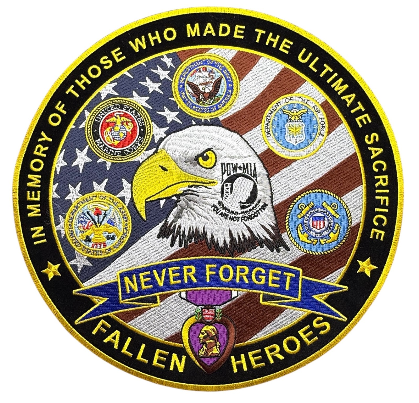 American Flag Fallen Heroes Never Forget 12 Inch Round Back Patch IV4808 LD5