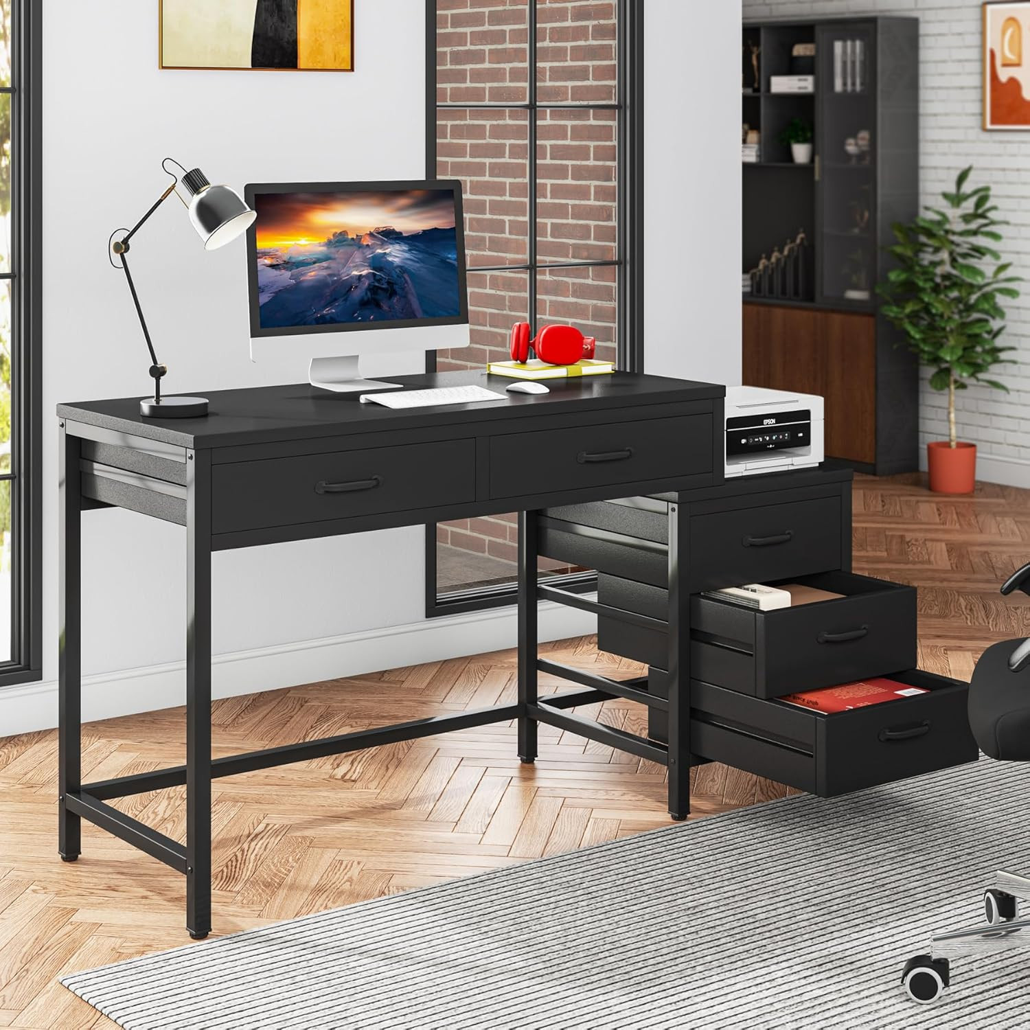 Rustic Computer Desk with 5 Drawers & Printer Stand for Small Spaces