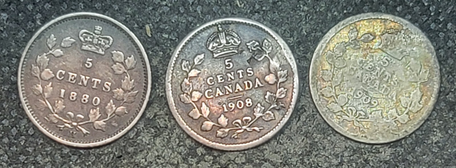 3 CANADA 5¢ SILVER COINS, 1880-08-09 L901