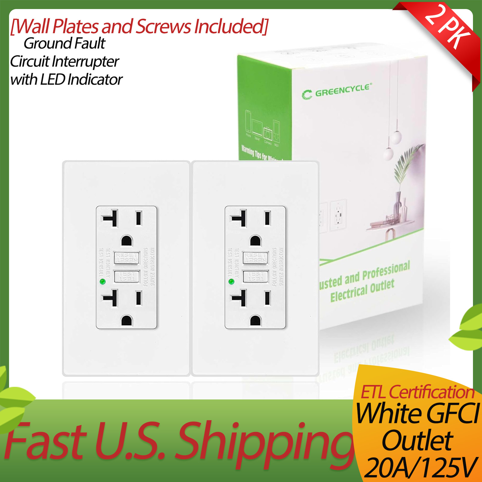 2x 20A GFCI Outlet Wall Plug with LED Indicator Indoor/Outdoor,Residential Grade