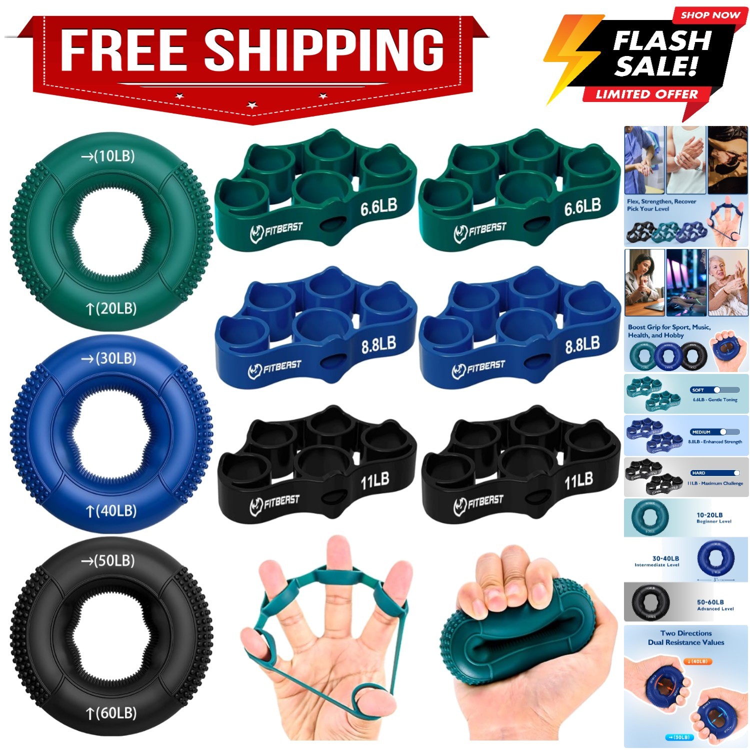 Grip Strength Trainer, Finger Exerciser, Forearm Strengthener 9-Piece Kit, Ha...