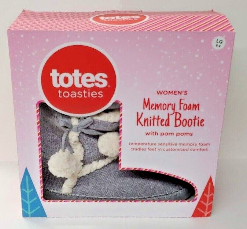 NEW Totes Toasties Women's Memory Foam Knitted Booties Size (L 8-9) w/ Pom Poms