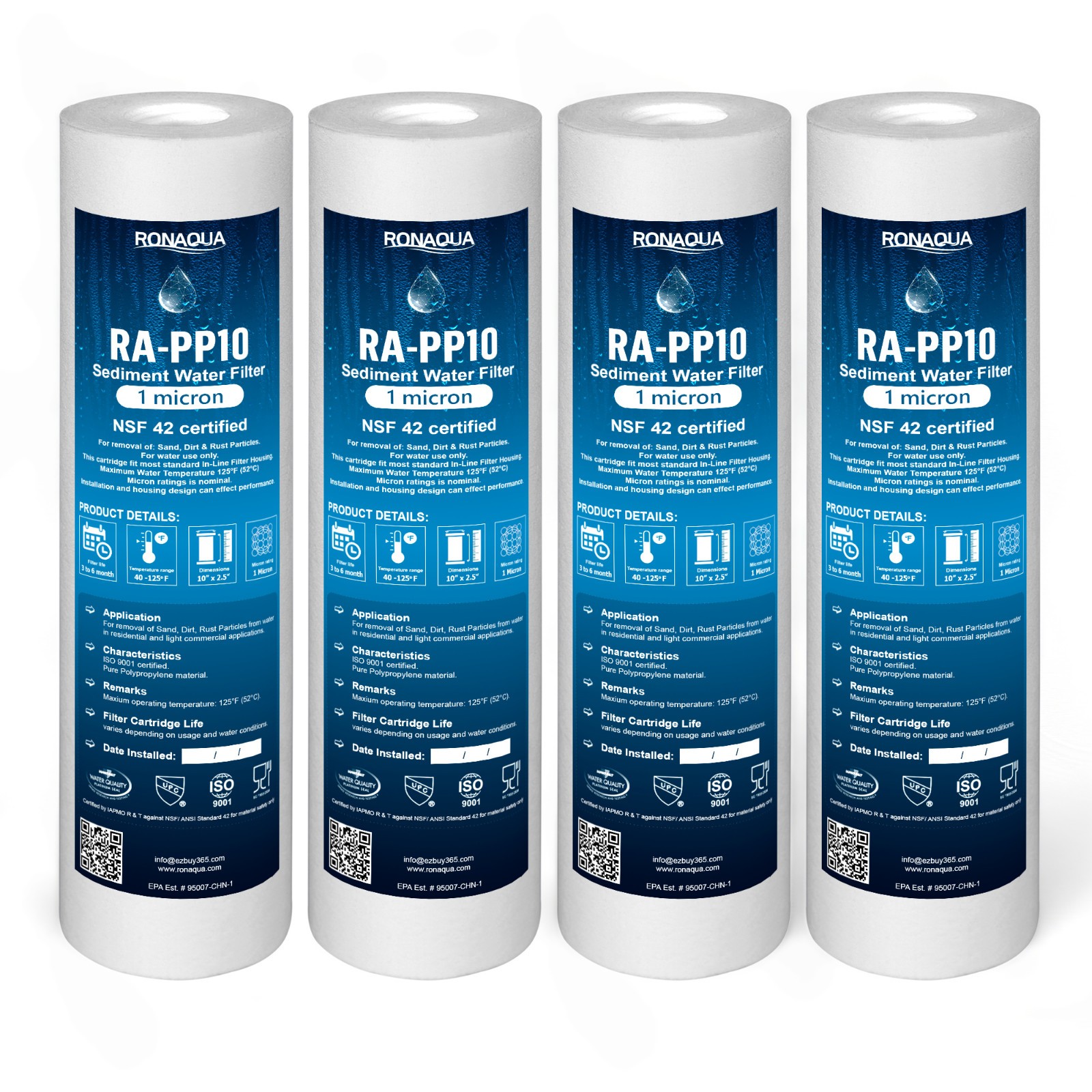 4 Pack Sediment 1 Micron Water Filters Cartridge 2.5" x 10" for Reverse Osmosis
