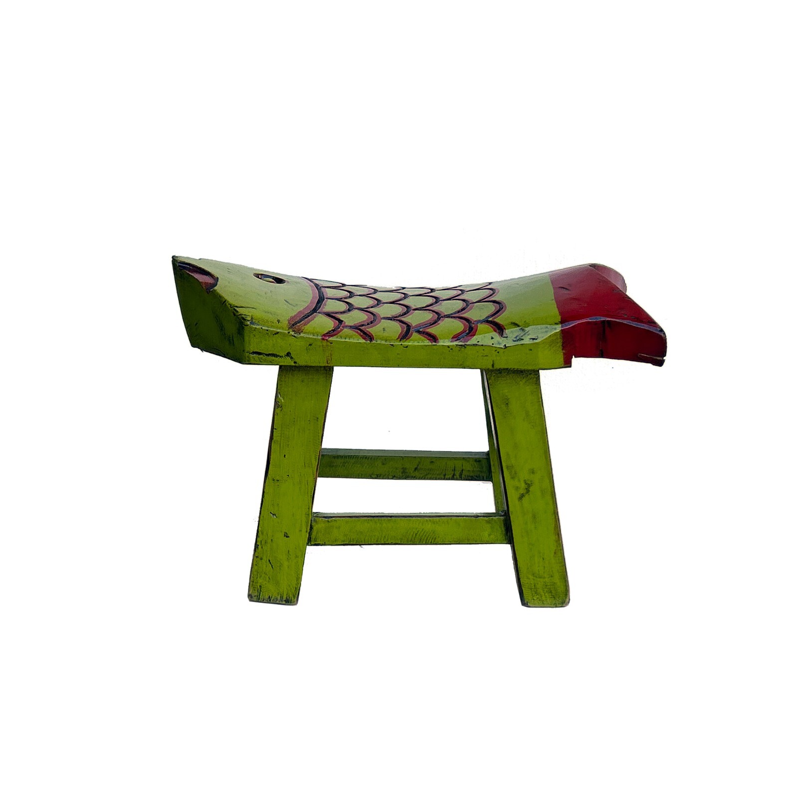 Distressed Lime Green Red Head Tail Small Fish Shape Wood Stool ws4452