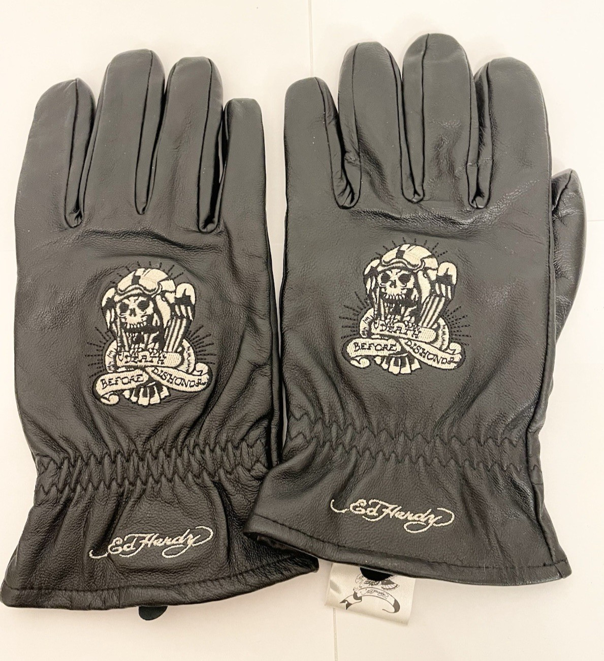 NWOT Men's Ed Hardy Biker Gloves L Large 100% Leather Black White Embroidered
