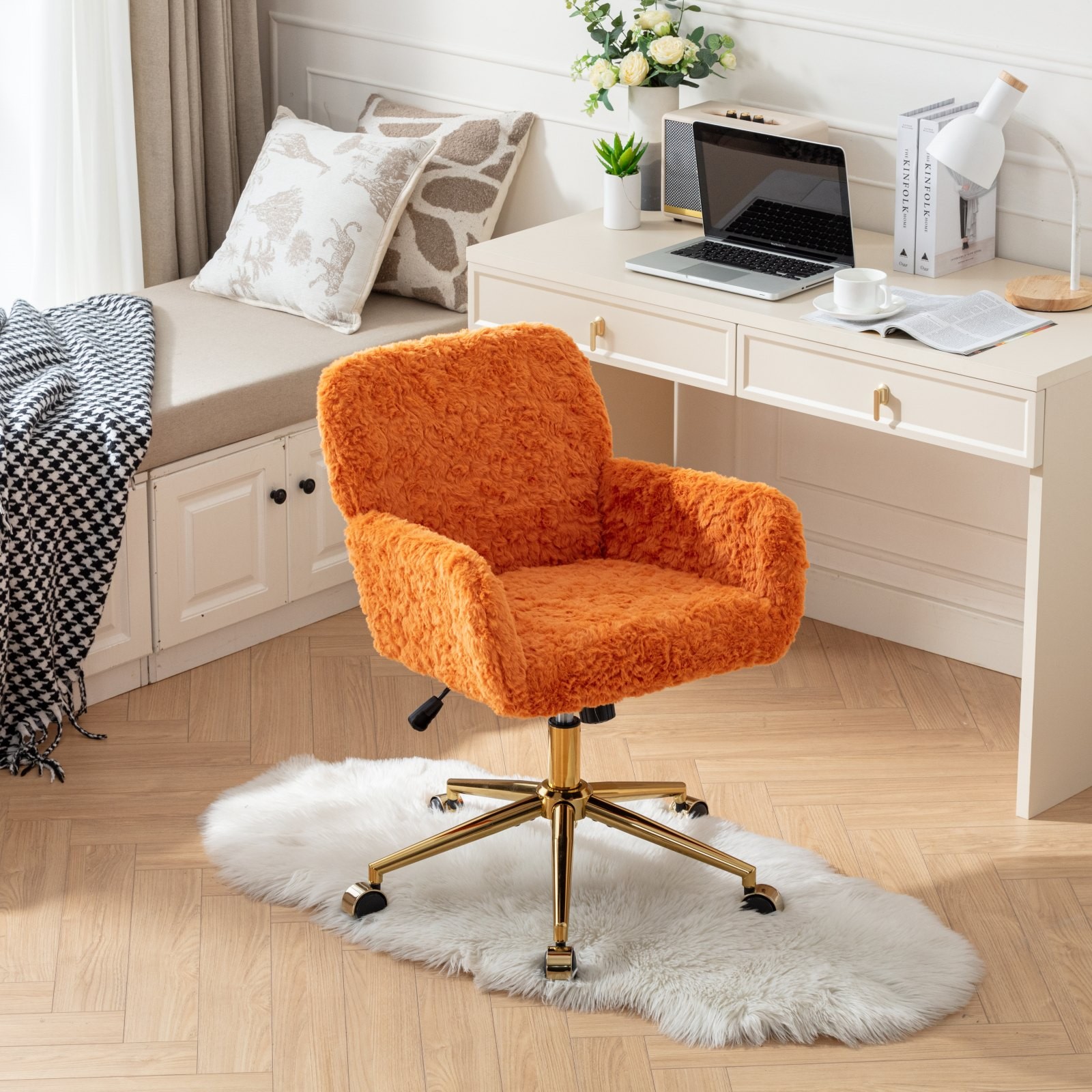 AA Furniture Office Chair,Artificial Rabbit Hair Home Office Chair With Golden