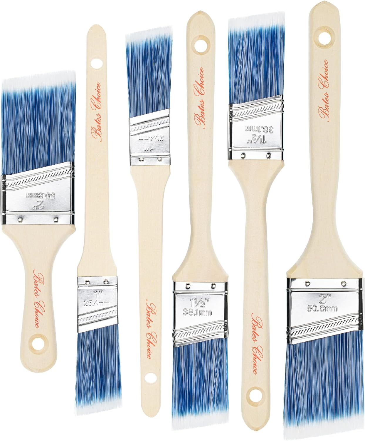 Bates Paint Brushes - 6 Pack, 1", 1.5", 2" Angle Brushes, Treated Wood Handle fo