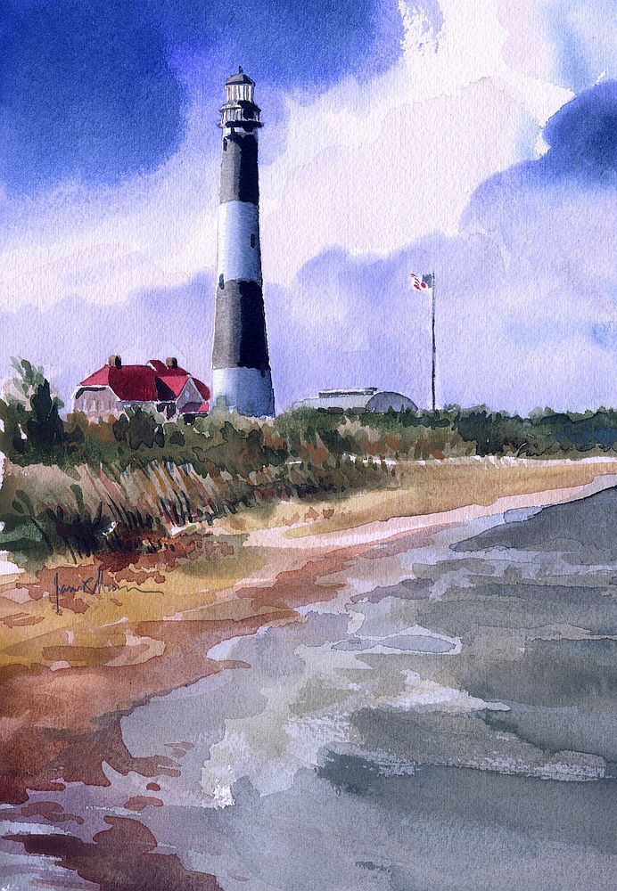 Fire Island Lighthouse, New York. Beach, Clouds & Flag. James Mann Art Notecards