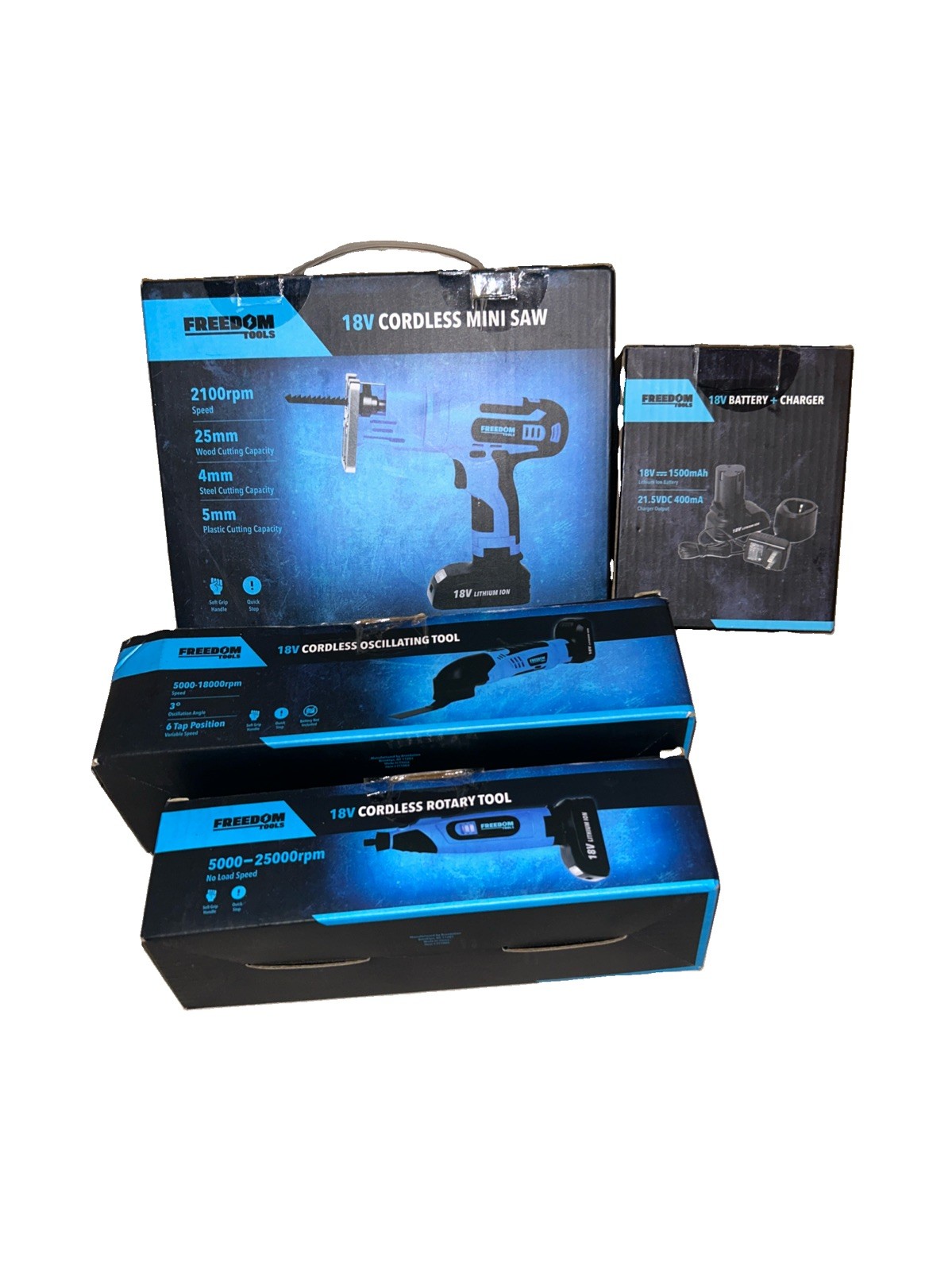 Freedom Cordless Tool 18V-5pc Rotary, Mini-Saw,  Oscillating Battery & Charger