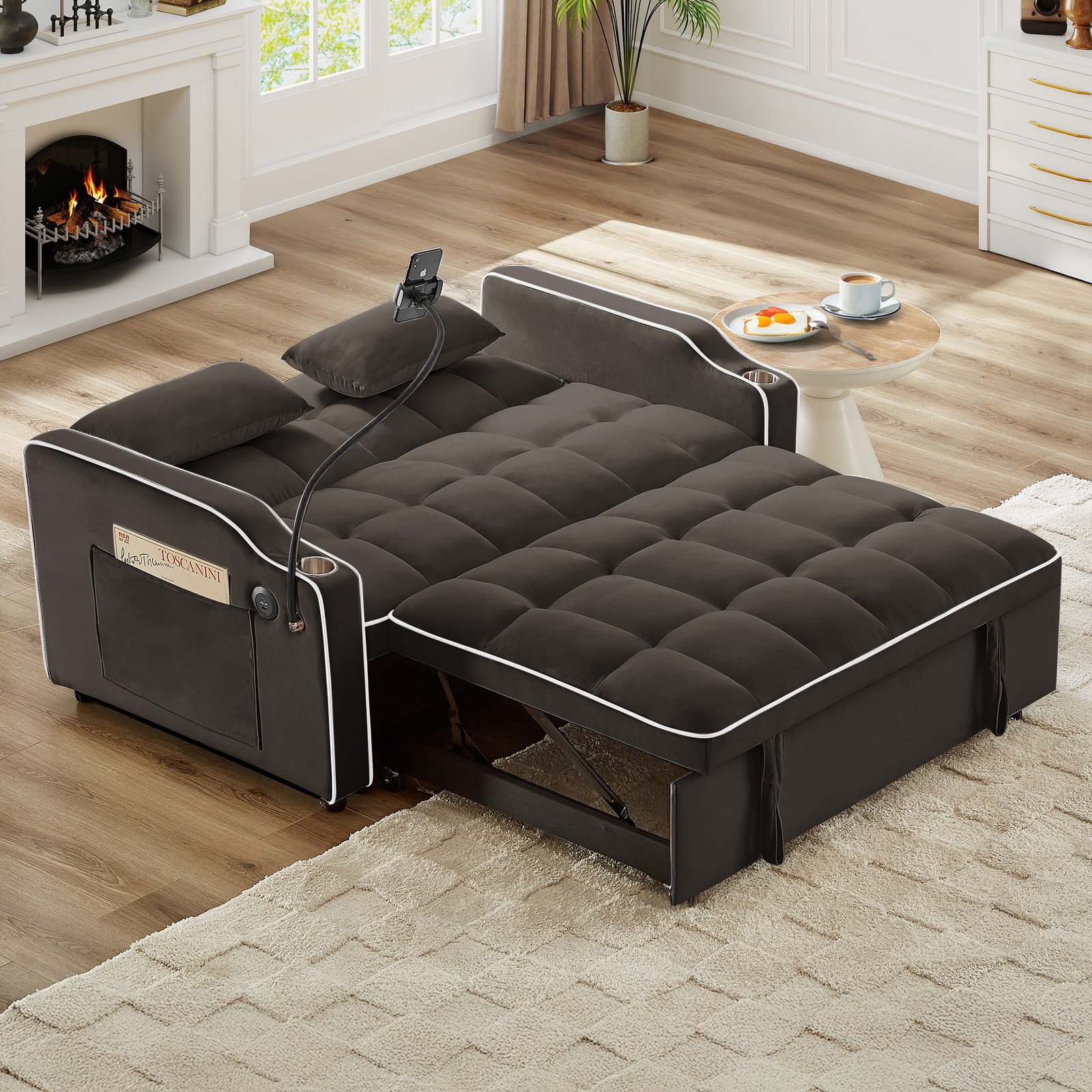 Versatile Foldable Double Seat Recliner,Comfortable Velvet Pull-Out Sleeper Sof