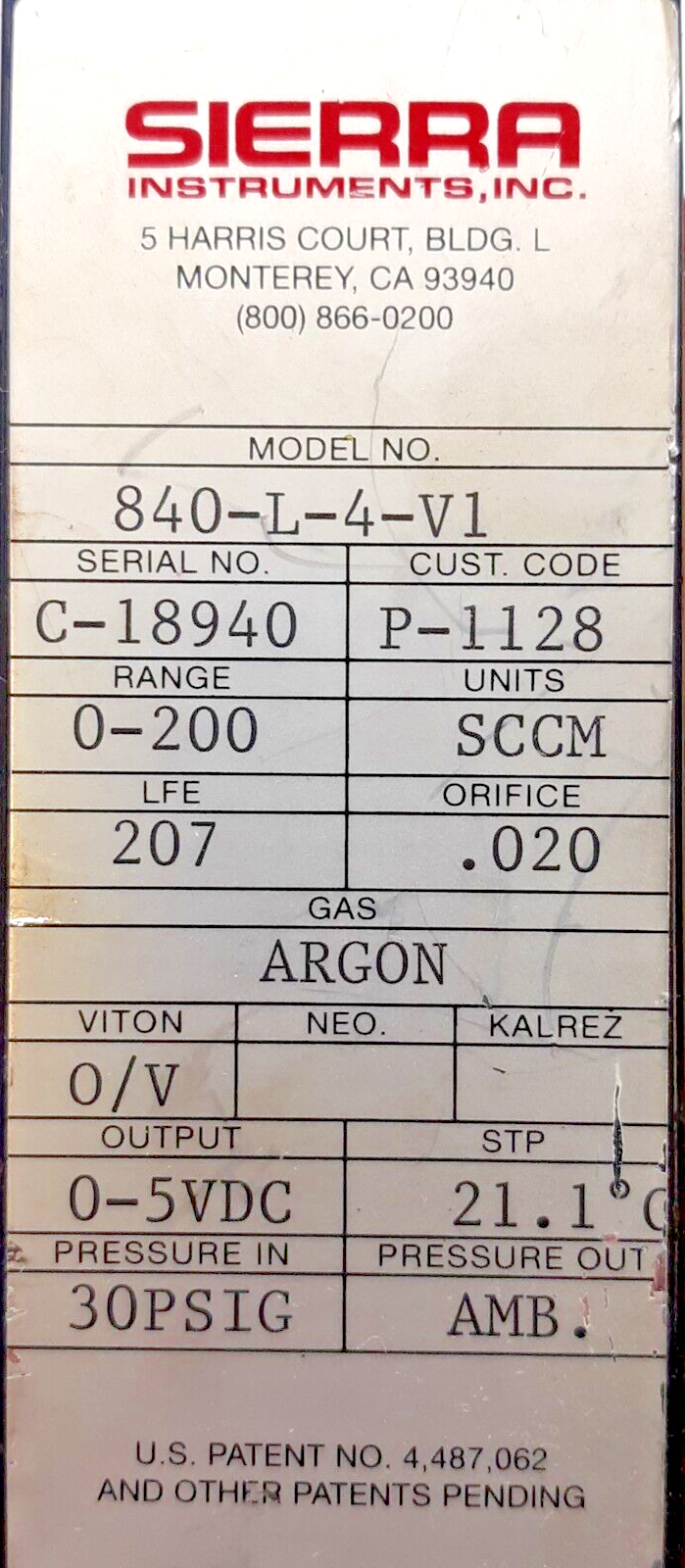 Sierra 840-L-4-V1 Mass Flow Controller