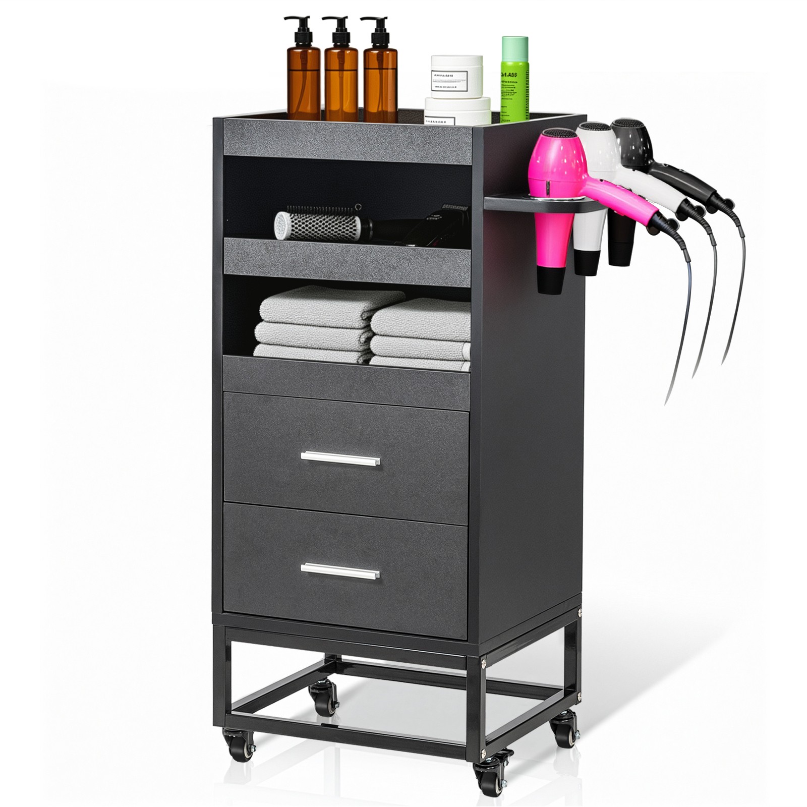 Locking Wheels Salon Cart with 2 Drawers & 3 Tool Holders, Mobile Beauty Trolley