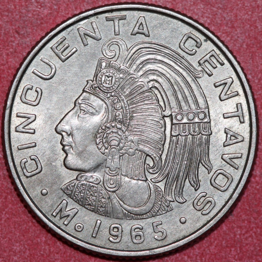 Mexico 1965 50 centavos, Aztec King Cuauhtemoc of Tenochtitlan-Foreign Coin 25mm